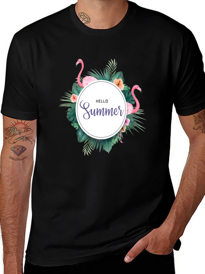 Tropical Flamingo Black T-Shirt - Hello Summer Design