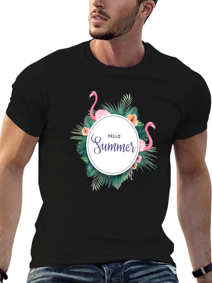 Tropical Flamingo Black T-Shirt - Hello Summer Design