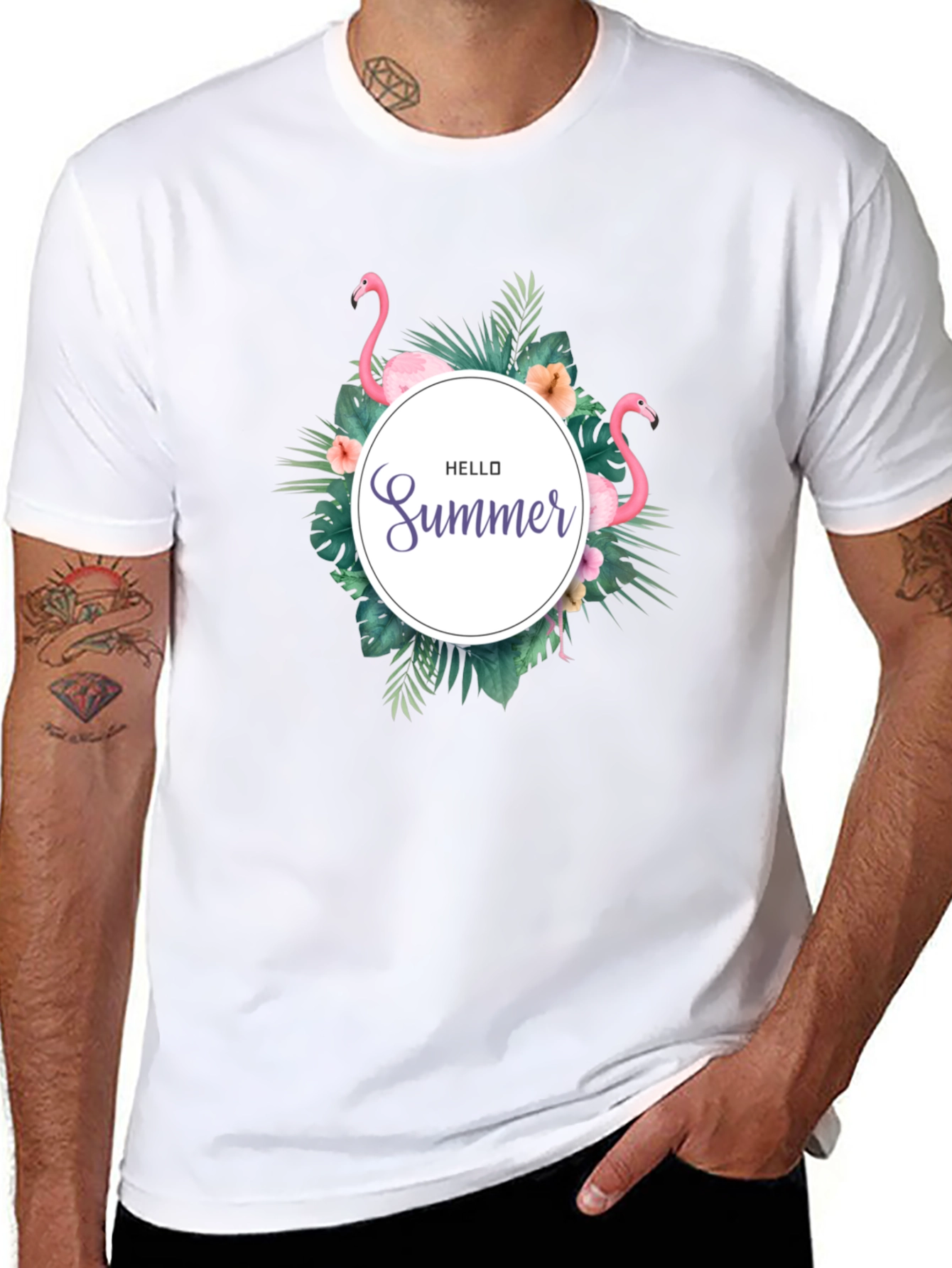 Tropical Flamingo Black T-Shirt - Hello Summer Design