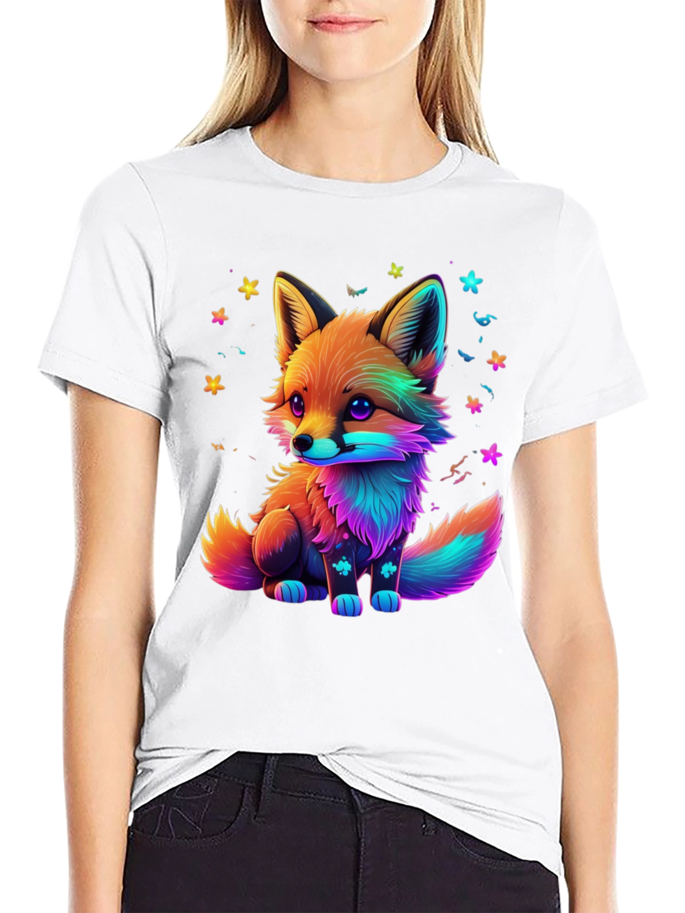 Rainbow Fox Graphic Black T-Shirt