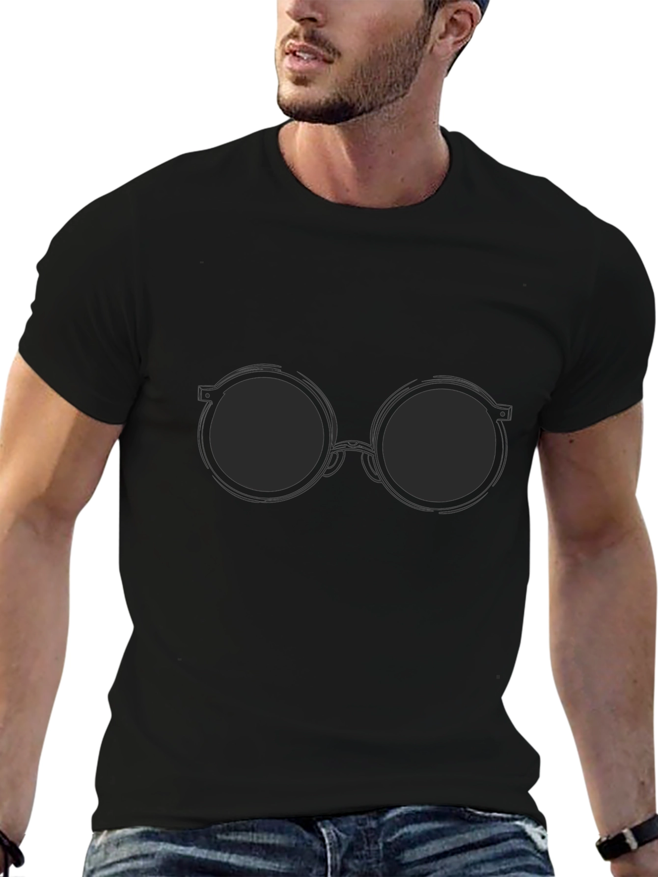 Black T-Shirt with Round Sunglasses Design