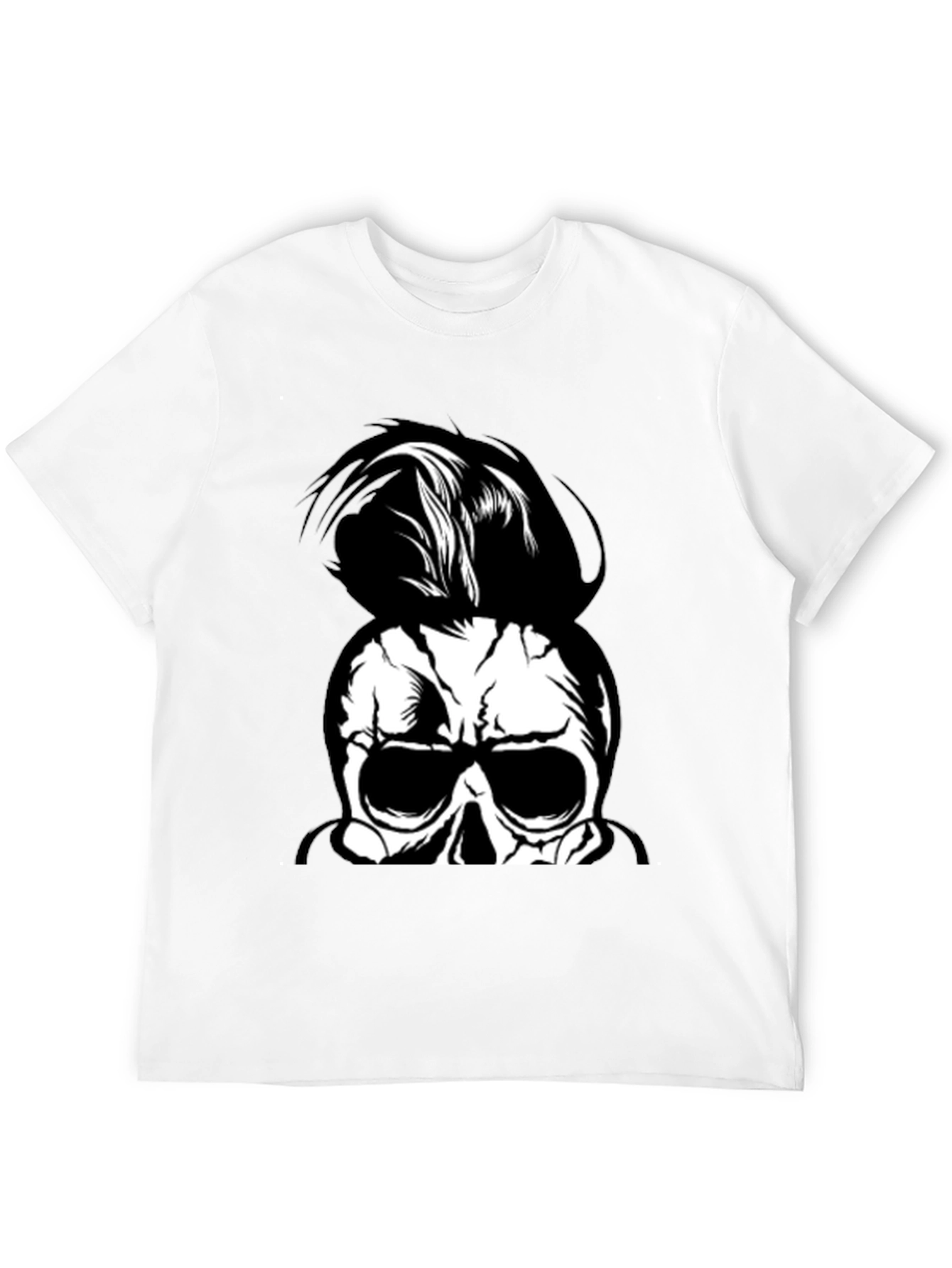 Skull Man Bun Graphic Tee - Black Cotton