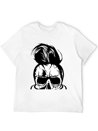 Skull Man Bun Graphic Tee - Black Cotton