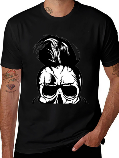 Skull Man Bun Graphic Tee - Black Cotton