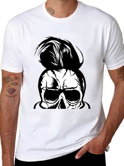 Skull Man Bun Graphic Tee - Black Cotton