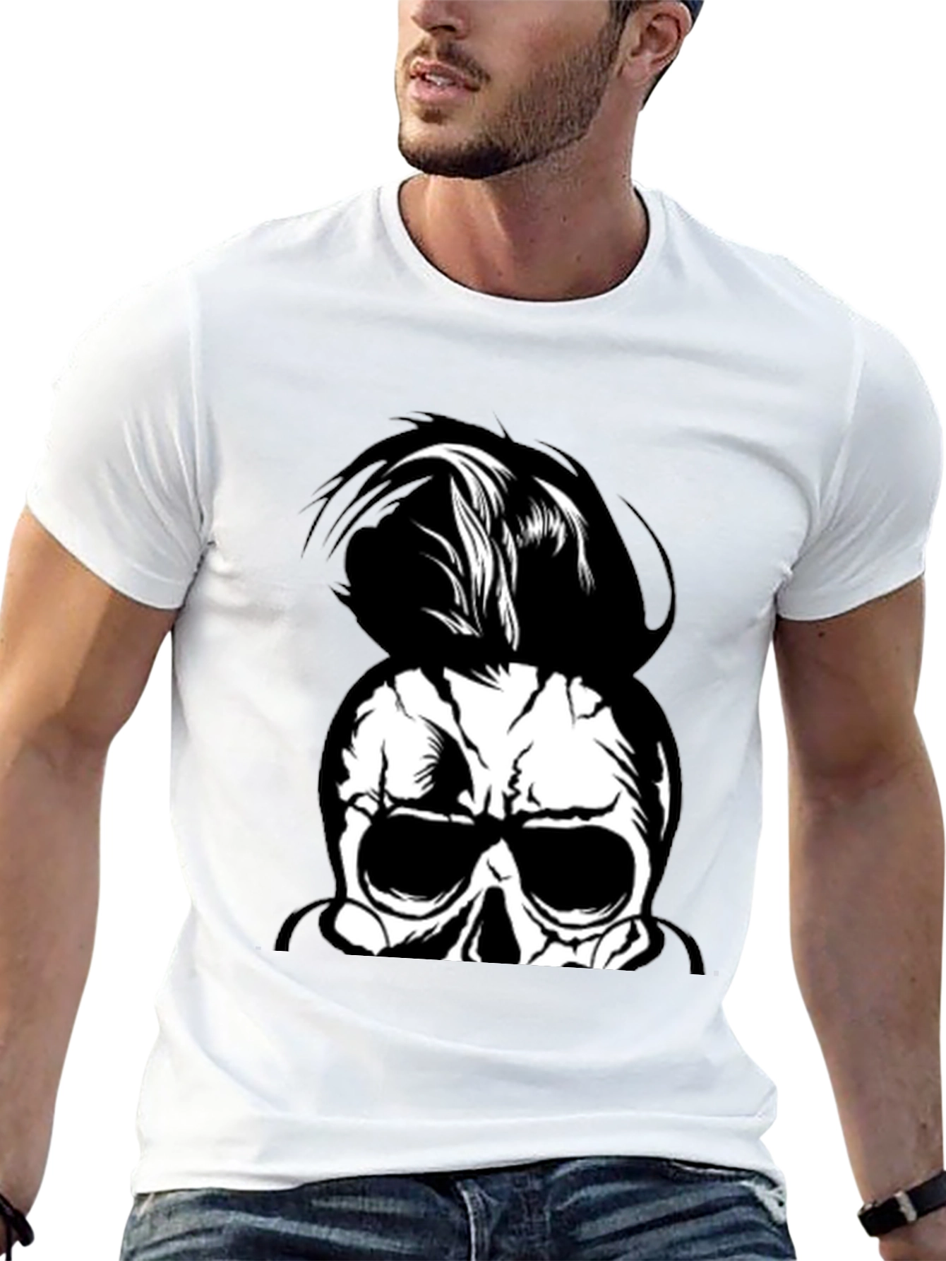 Skull Man Bun Graphic Tee - Black Cotton