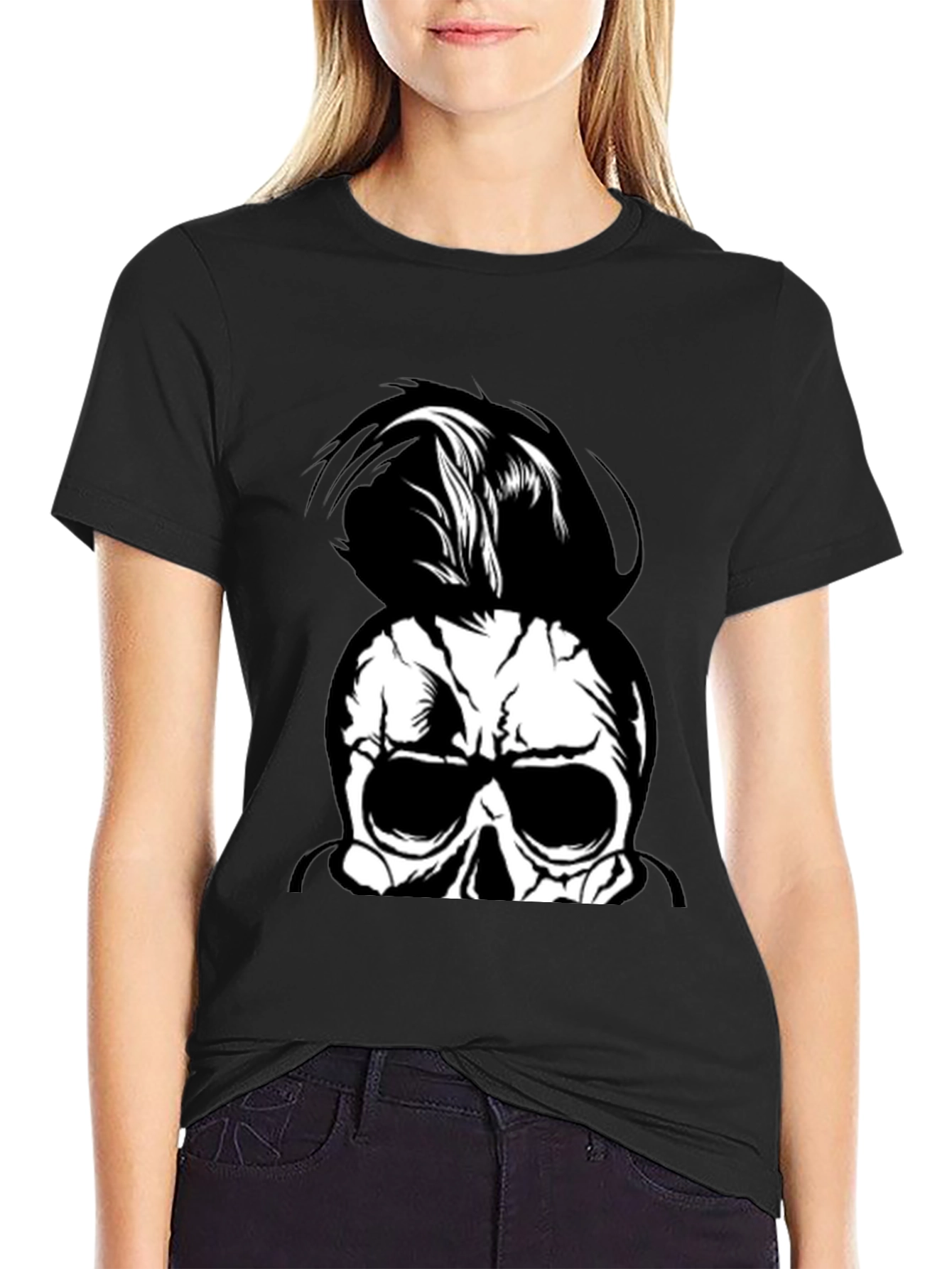 Skull Man Bun Graphic Tee - Black Cotton