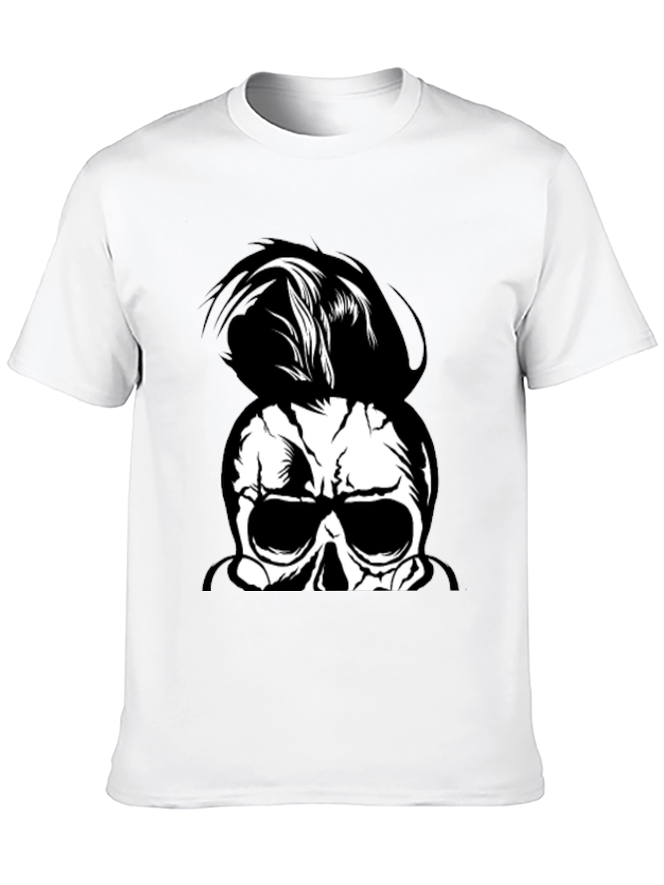 Skull Man Bun Graphic Tee - Black Cotton