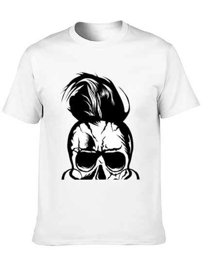 Skull Man Bun Graphic Tee - Black Cotton