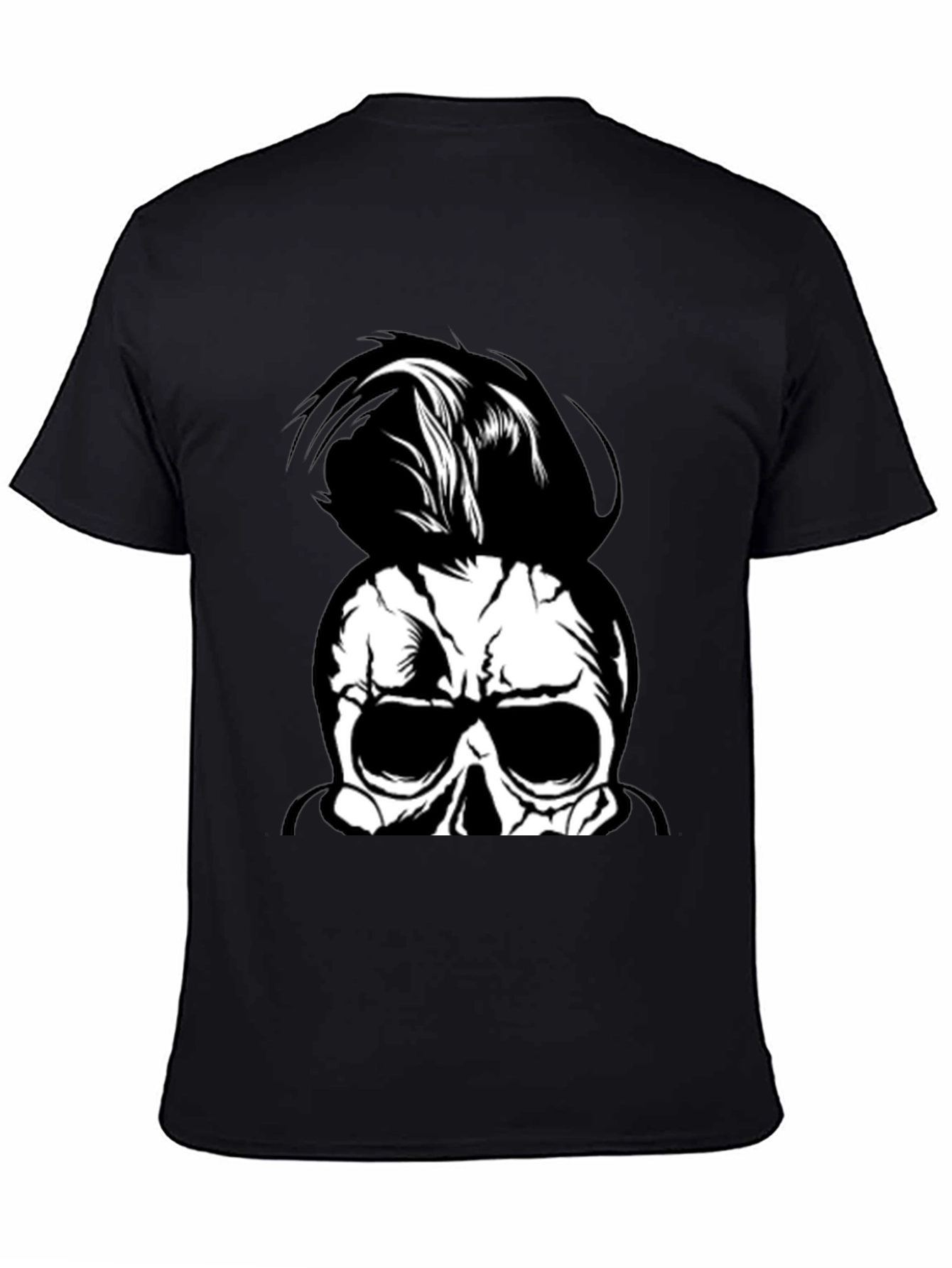 Skull Man Bun Graphic Tee - Black Cotton