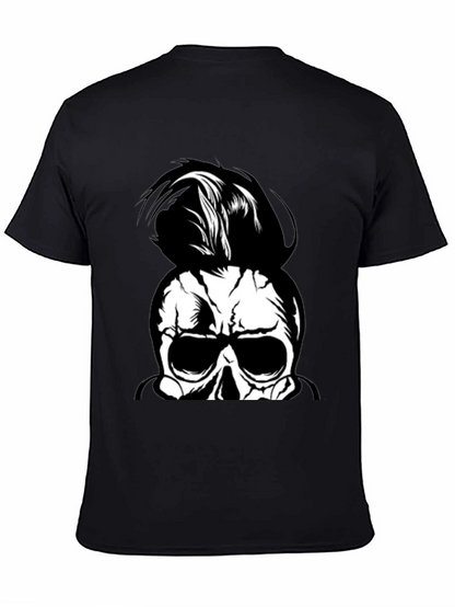 Skull Man Bun Graphic Tee - Black Cotton