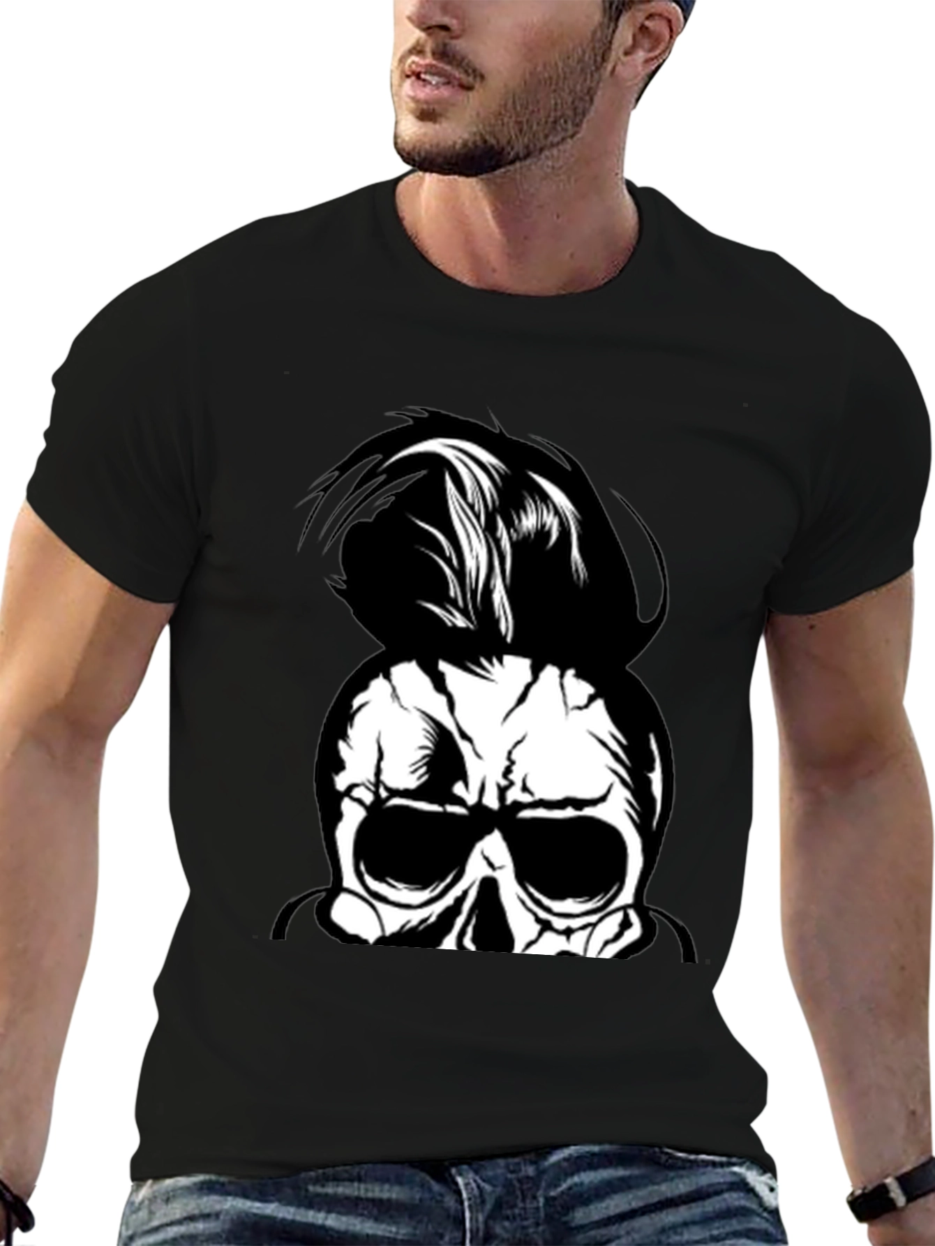 Skull Man Bun Graphic Tee - Black Cotton