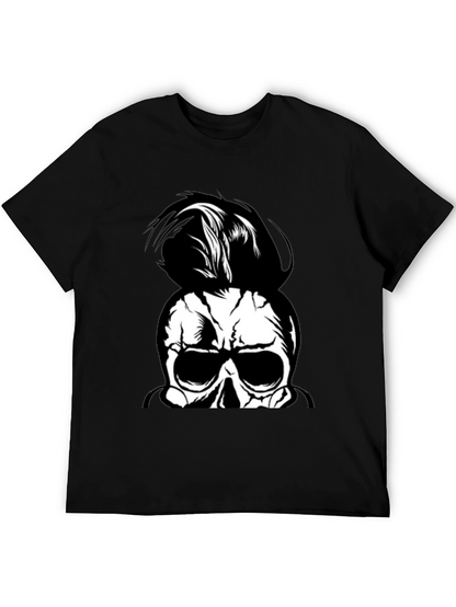 Skull Man Bun Graphic Tee - Black Cotton