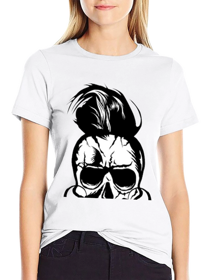 Skull Man Bun Graphic Tee - Black Cotton
