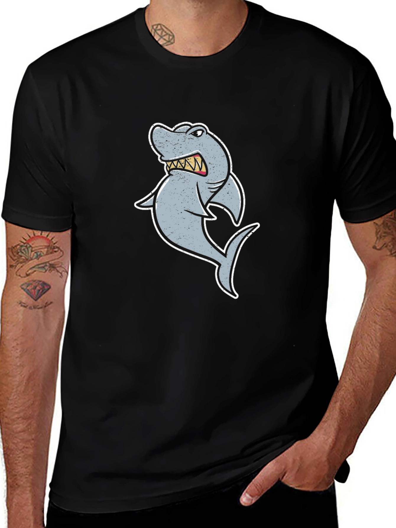 Cartoon Shark Graphic Tee - Black