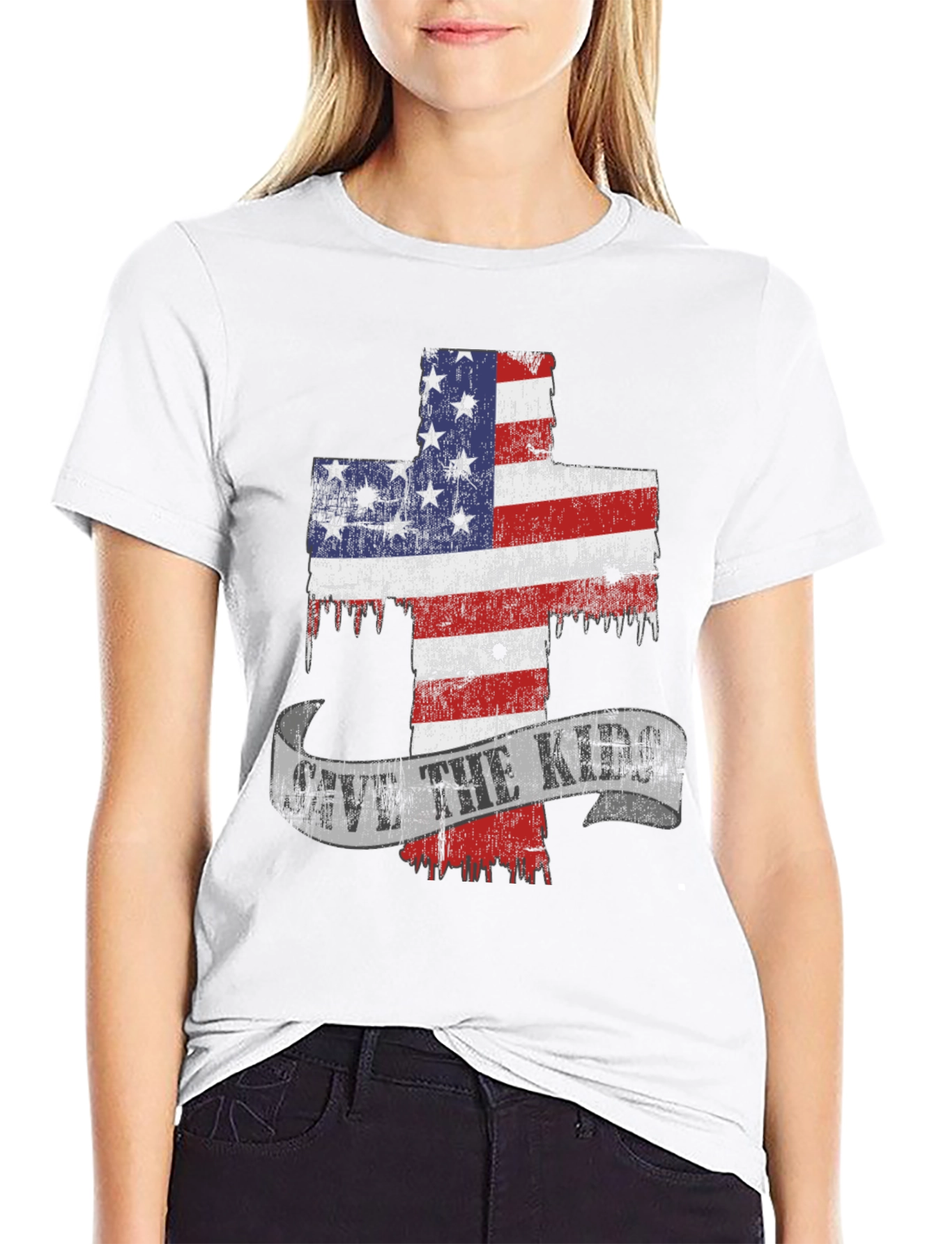 Patriotic Cross Graphic T-Shirt - Save the Kids