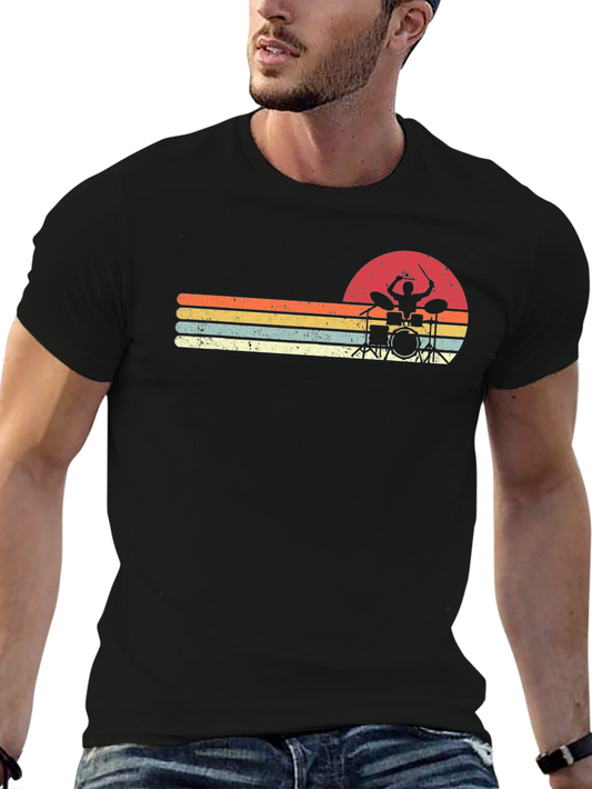 Retro Drummer Sunset Graphic Tee - Black