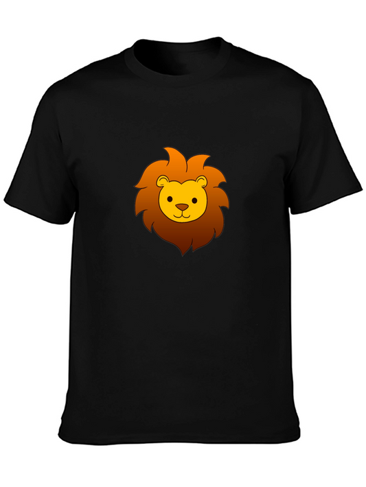 Cute Cartoon Lion Graphic Tee - Black Cotton T-Shirt