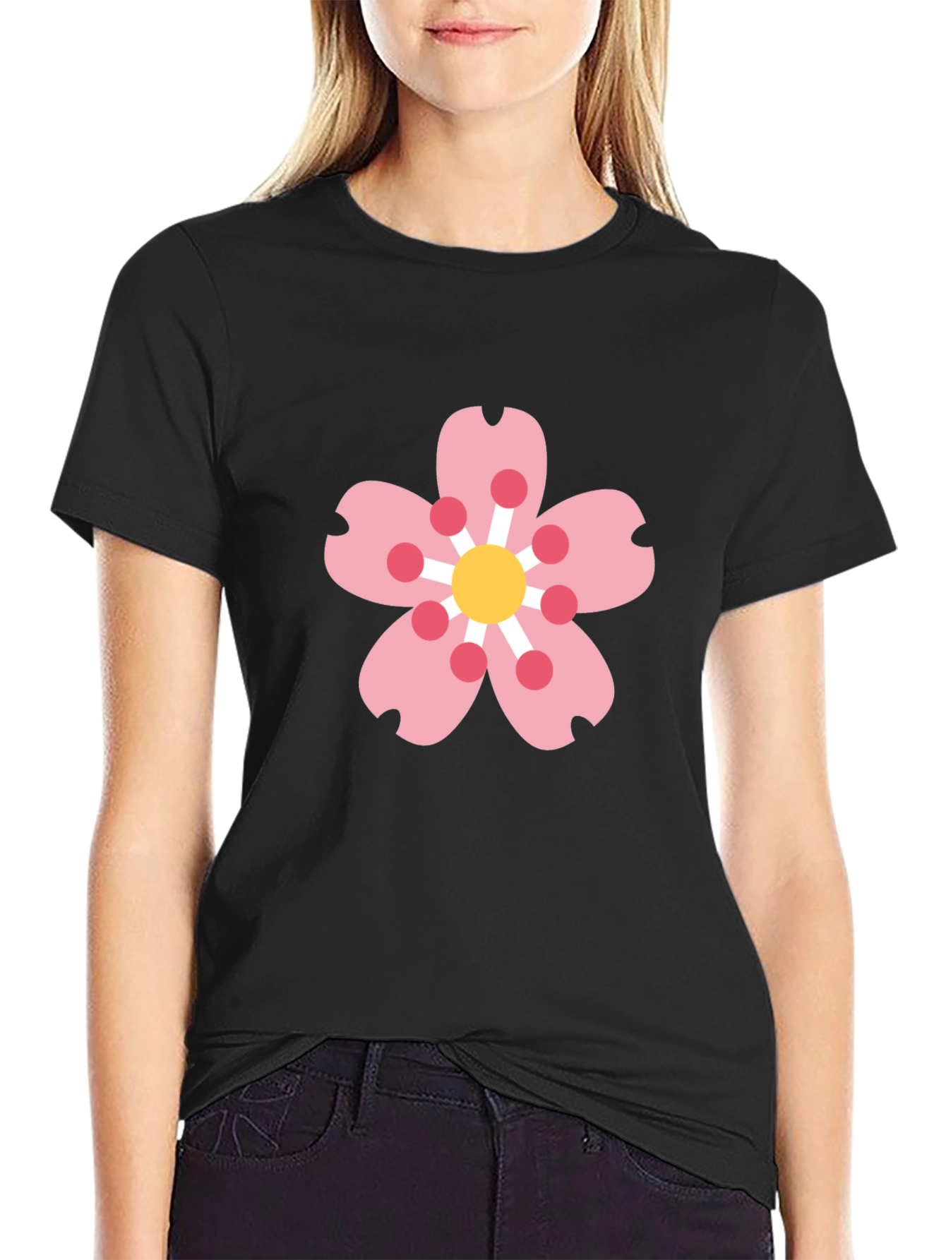 Black Tee with Sakura Blossom Graphic
