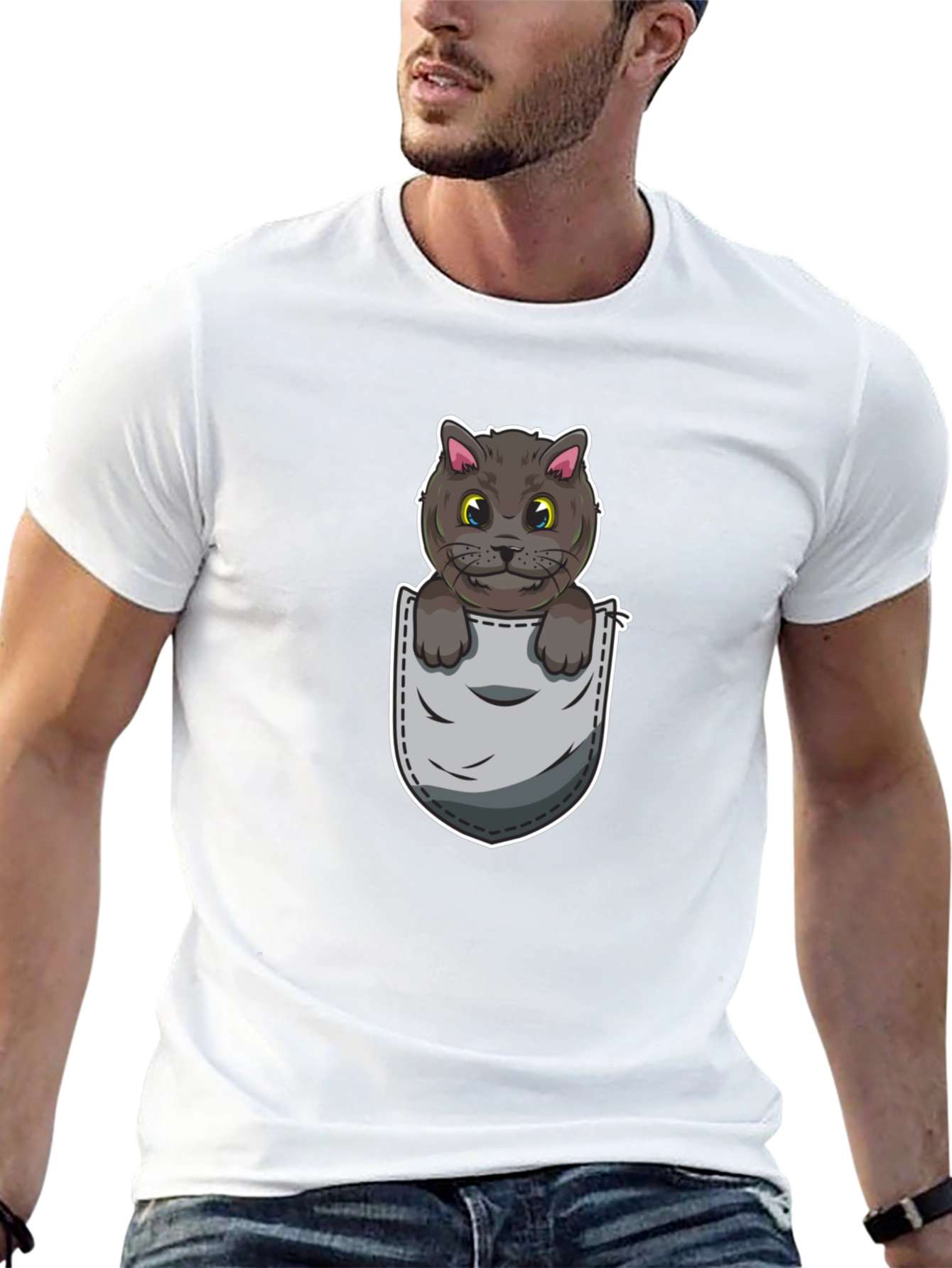 Cartoon Cat in Pocket Graphic Tee - Unisex