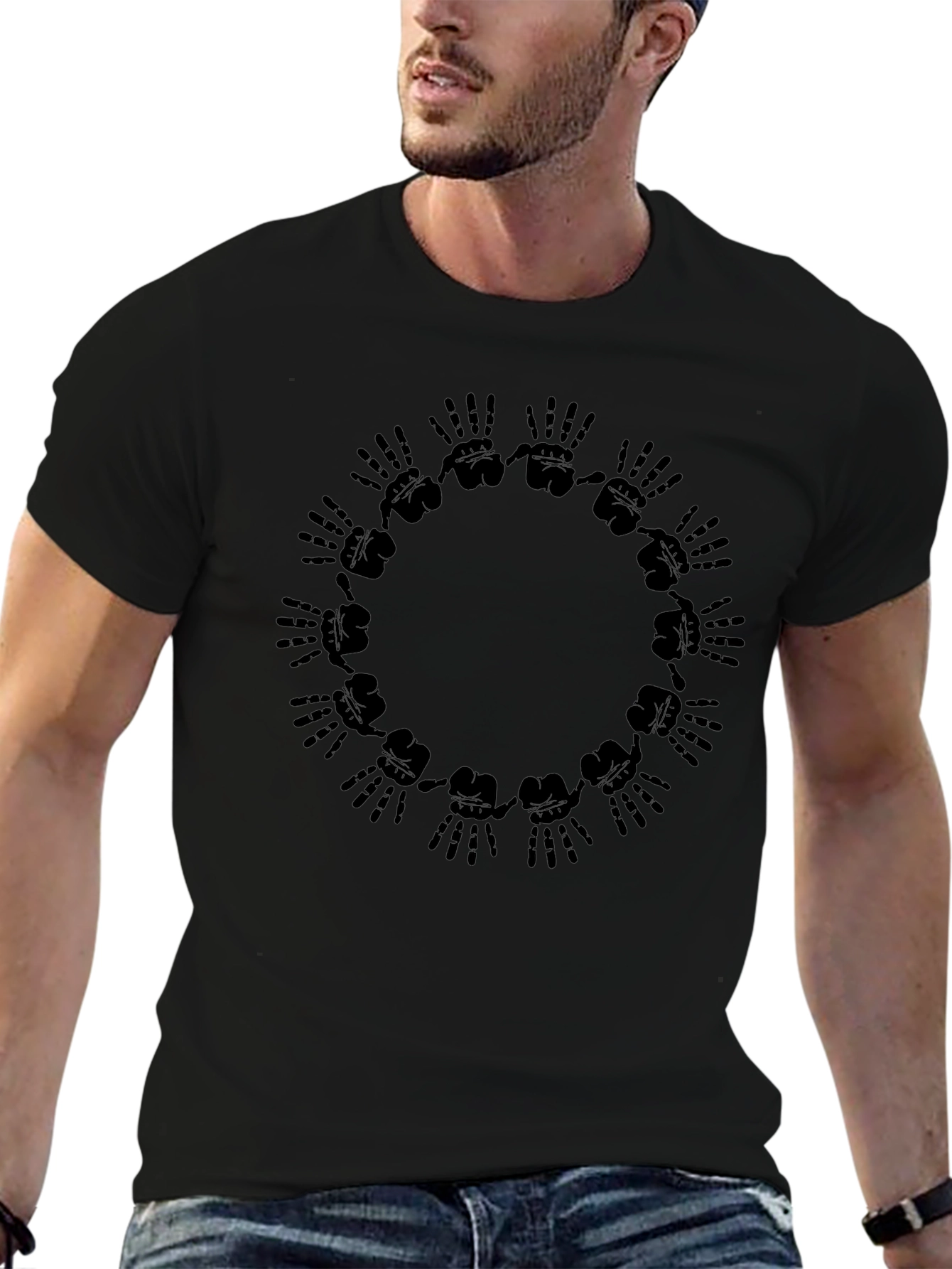 Graphic Black T-Shirt - Hands Circle Design