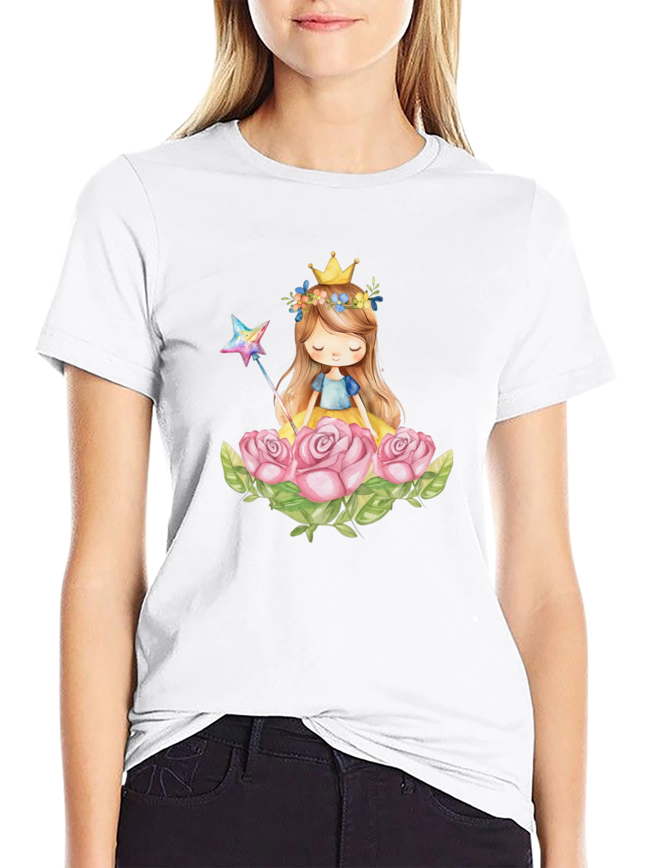 Princess Crown Rose Graphic Black T-Shirt