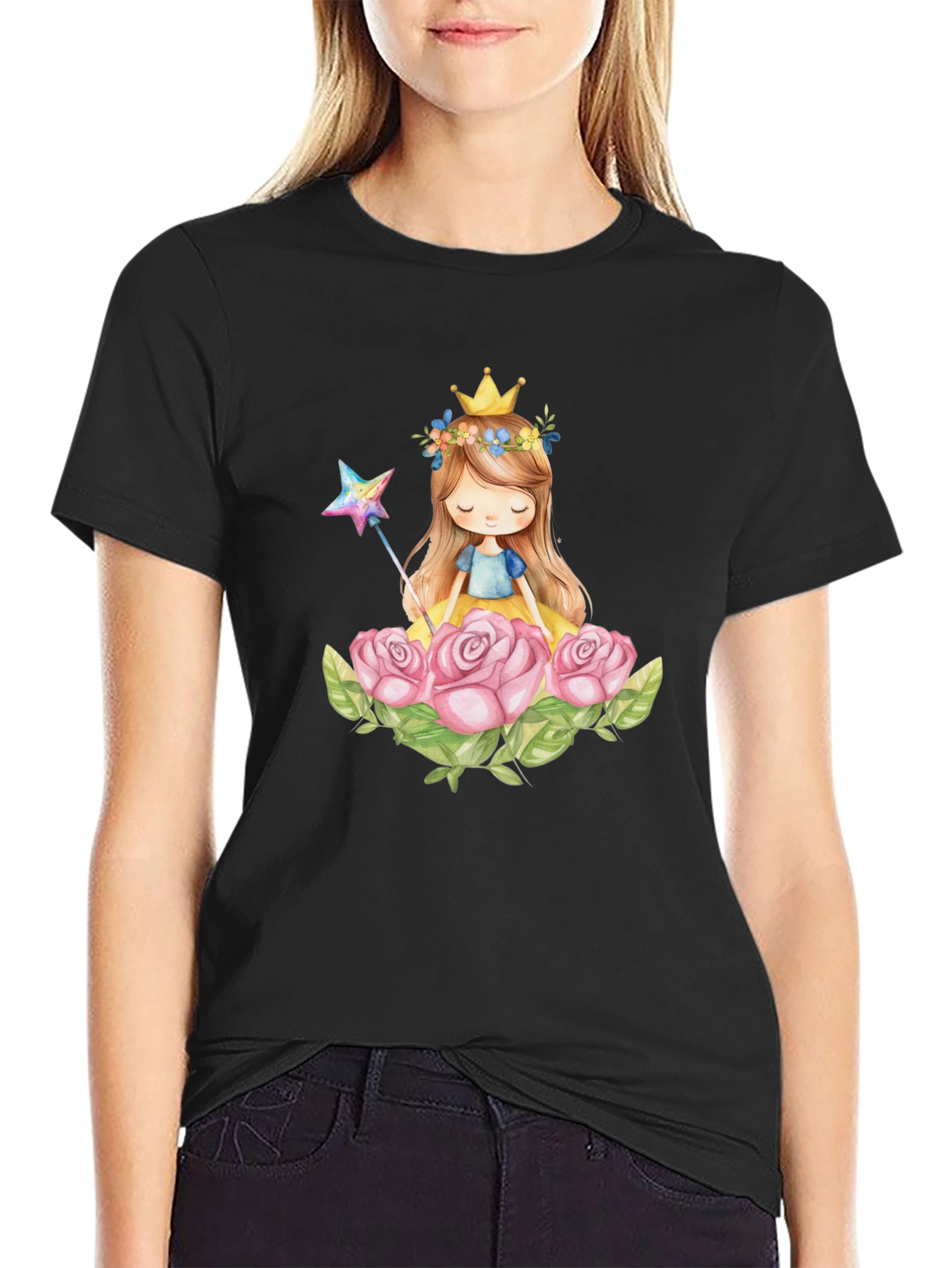 Princess Crown Rose Graphic Black T-Shirt