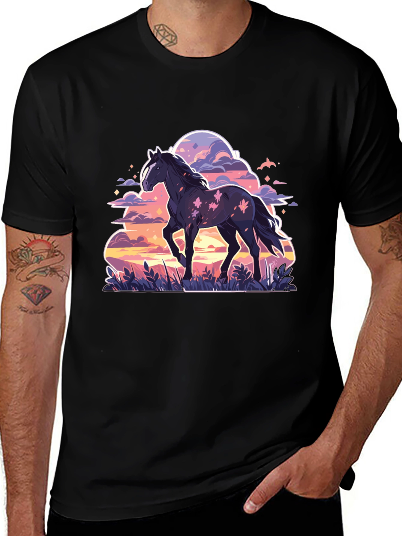 Black Horse Graphic Tee - Sunset Dream