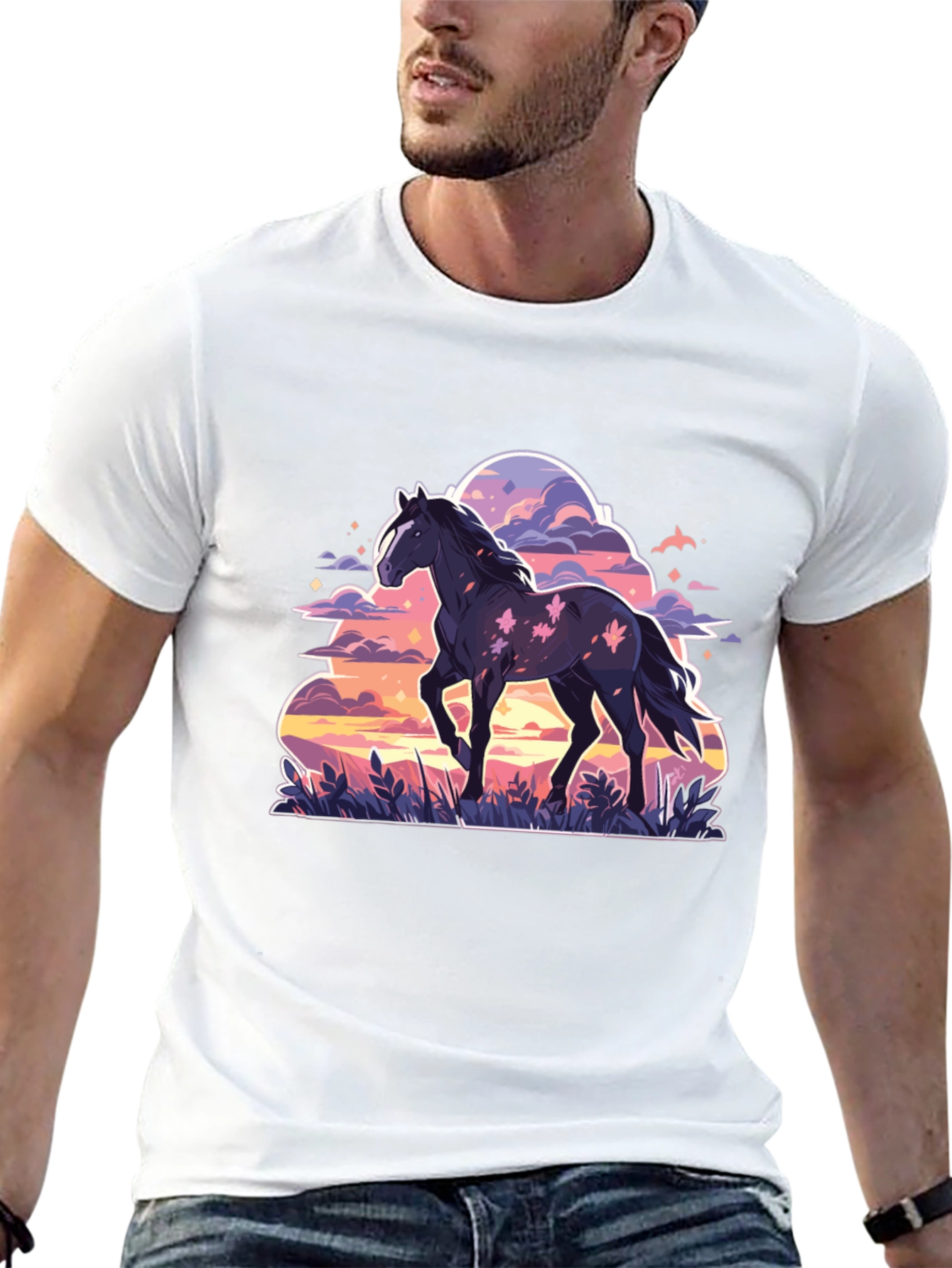 Black Horse Graphic Tee - Sunset Dream
