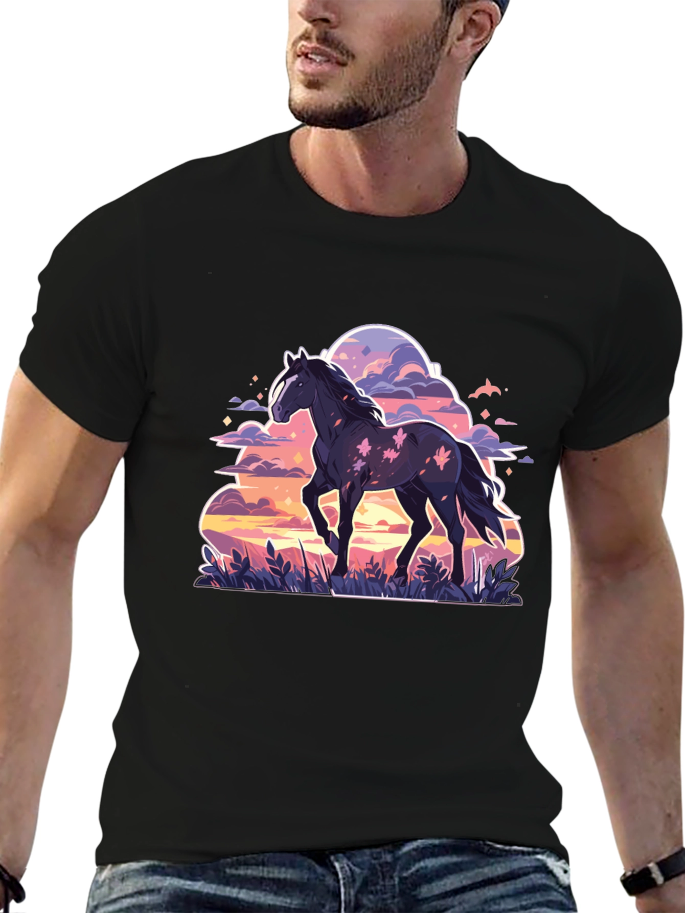 Black Horse Graphic Tee - Sunset Dream