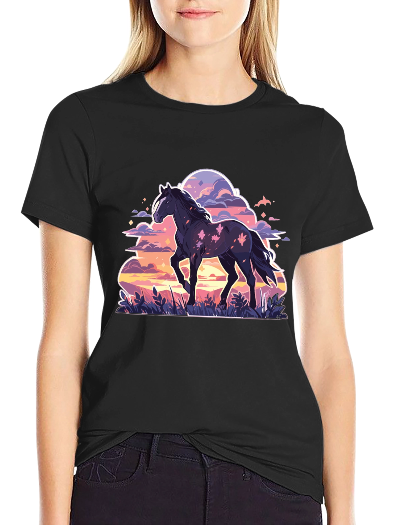 Black Horse Graphic Tee - Sunset Dream
