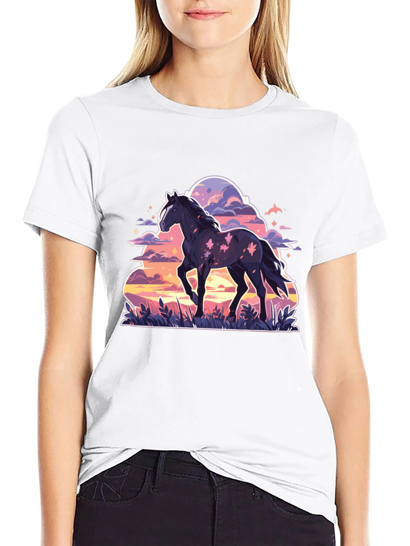 Black Horse Graphic Tee - Sunset Dream