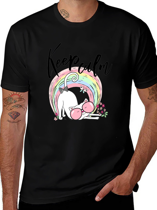 Keep Calm Cat T-Shirt - Cute Rainbow Design