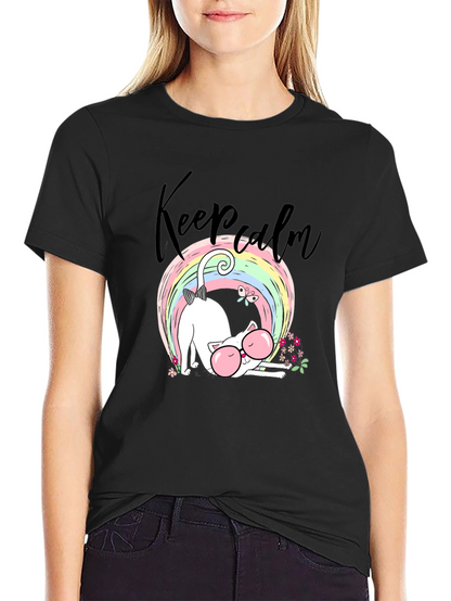 Keep Calm Cat T-Shirt - Cute Rainbow Design