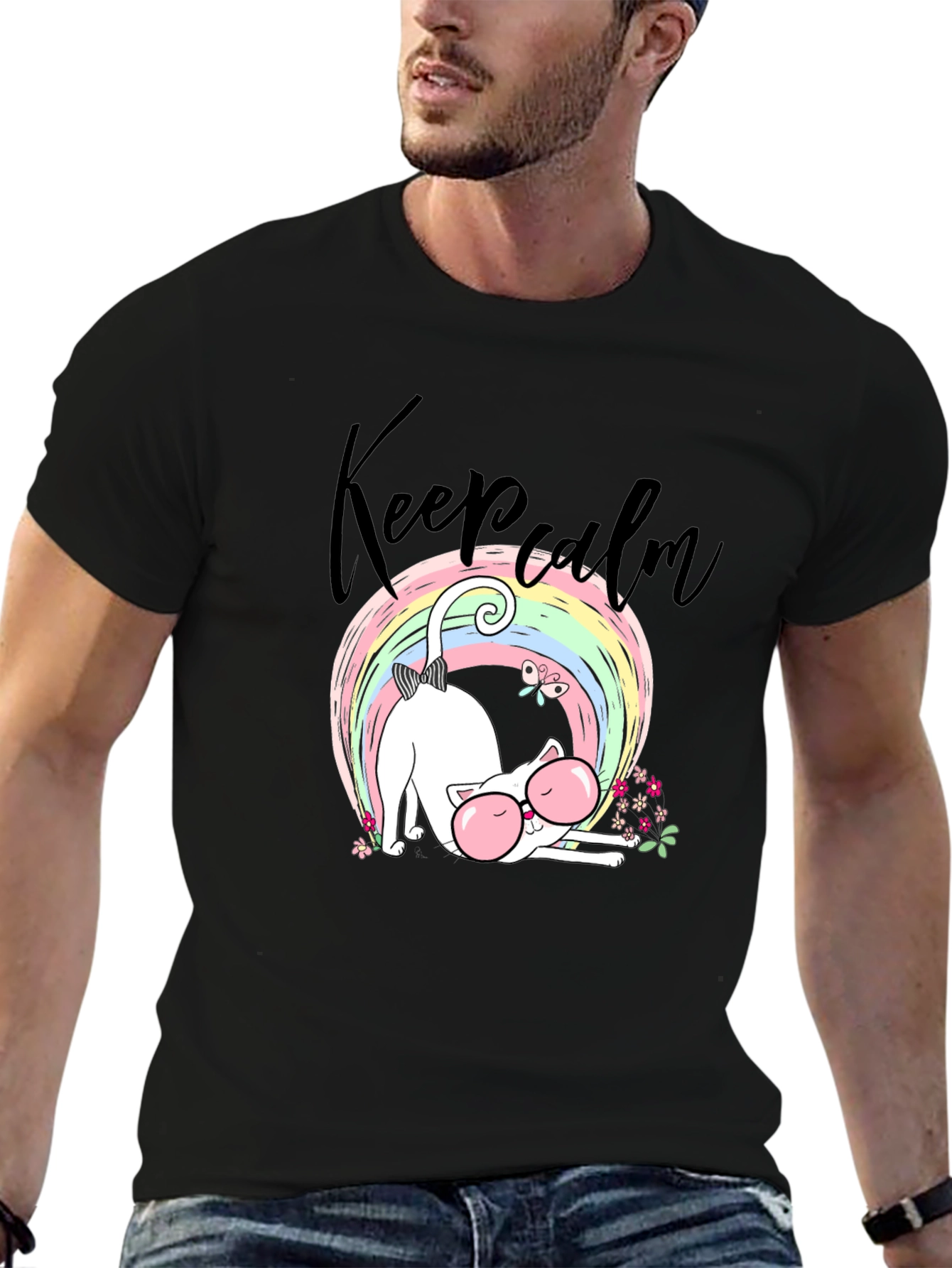 Keep Calm Cat T-Shirt - Cute Rainbow Design