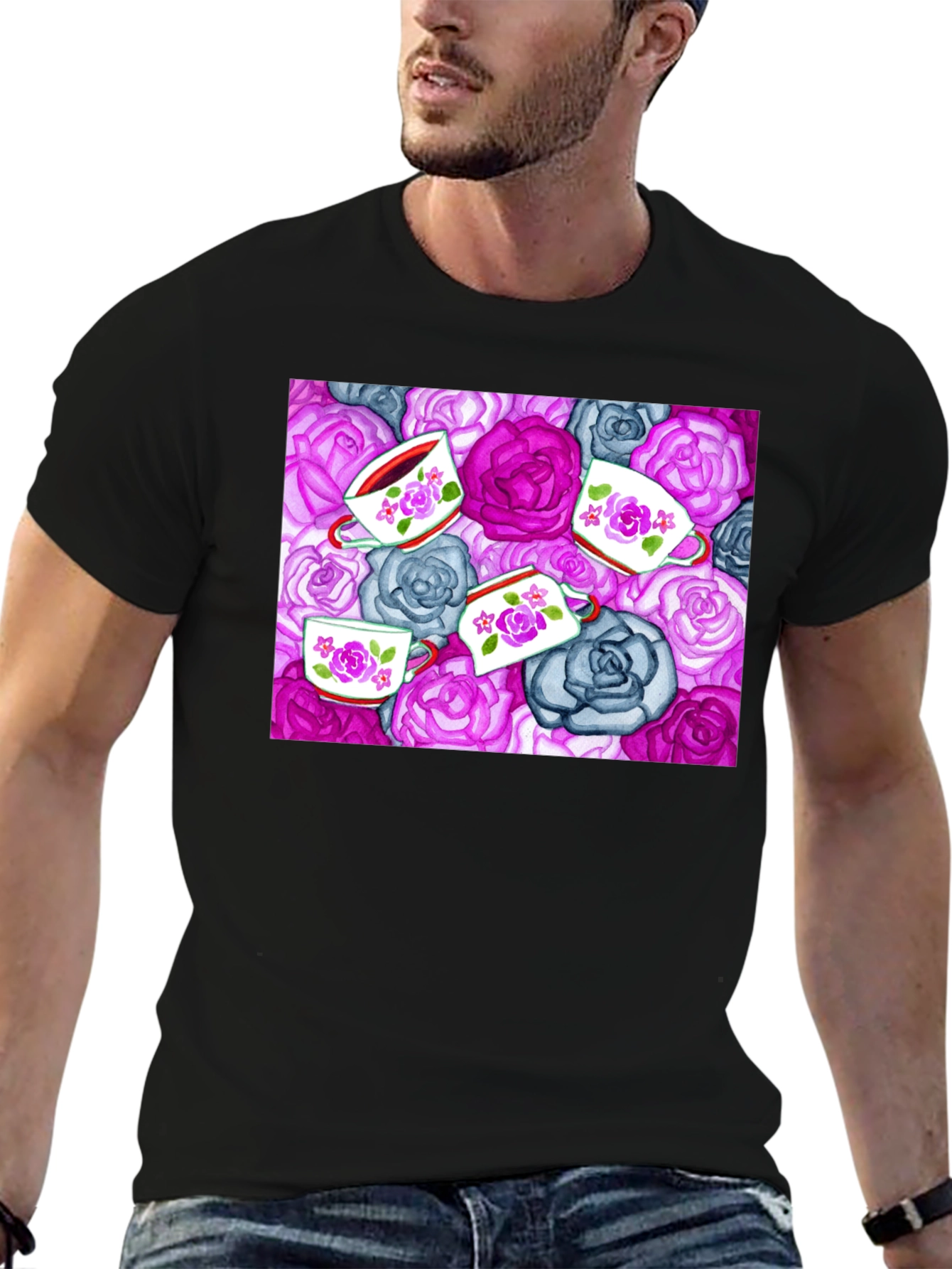 Floral Tea Cup Patterned Black T-shirt