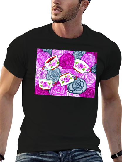 Floral Tea Cup Patterned Black T-shirt