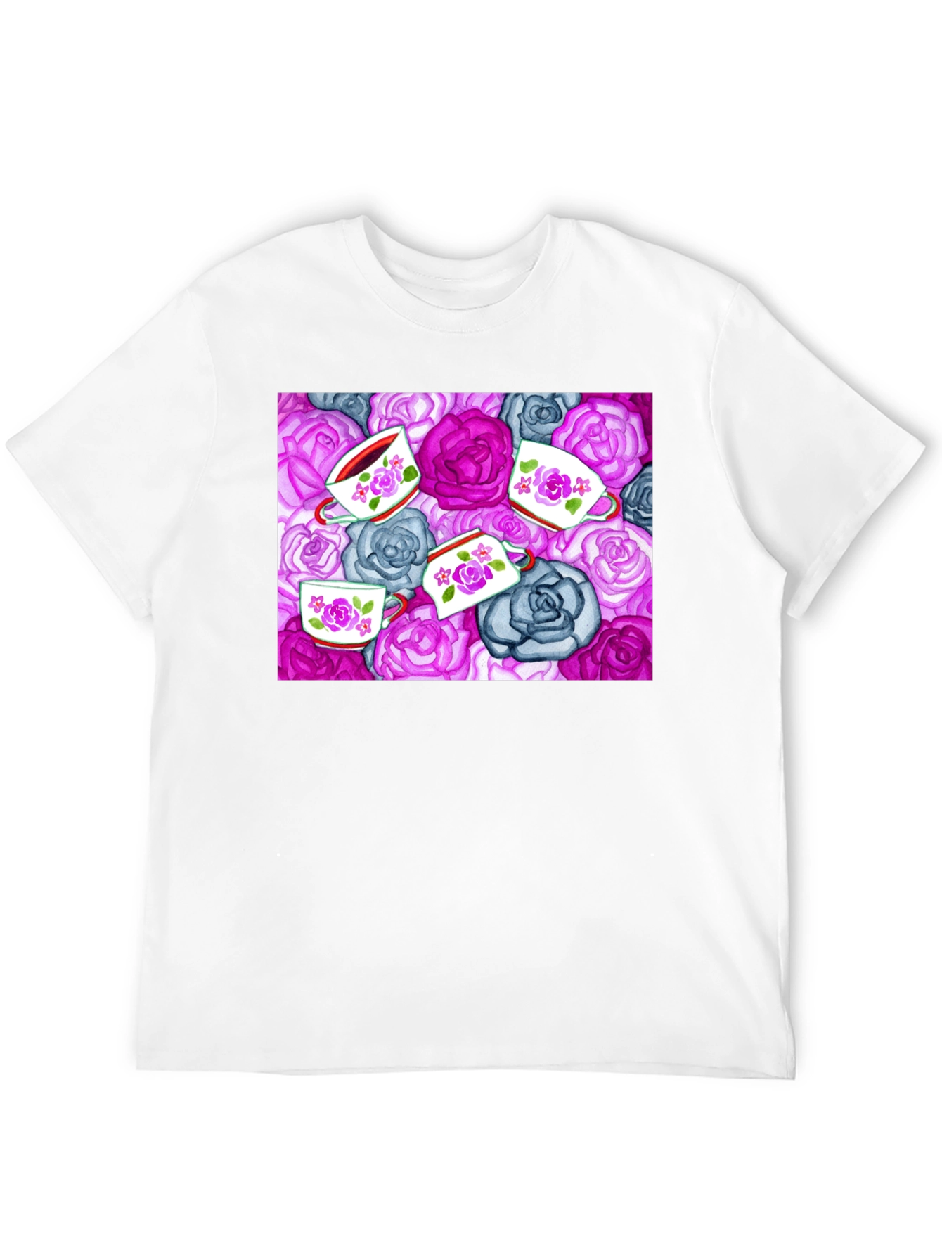 Floral Tea Cup Patterned Black T-shirt