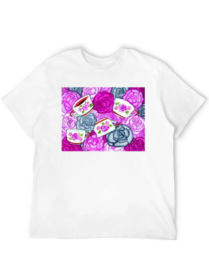 Floral Tea Cup Patterned Black T-shirt