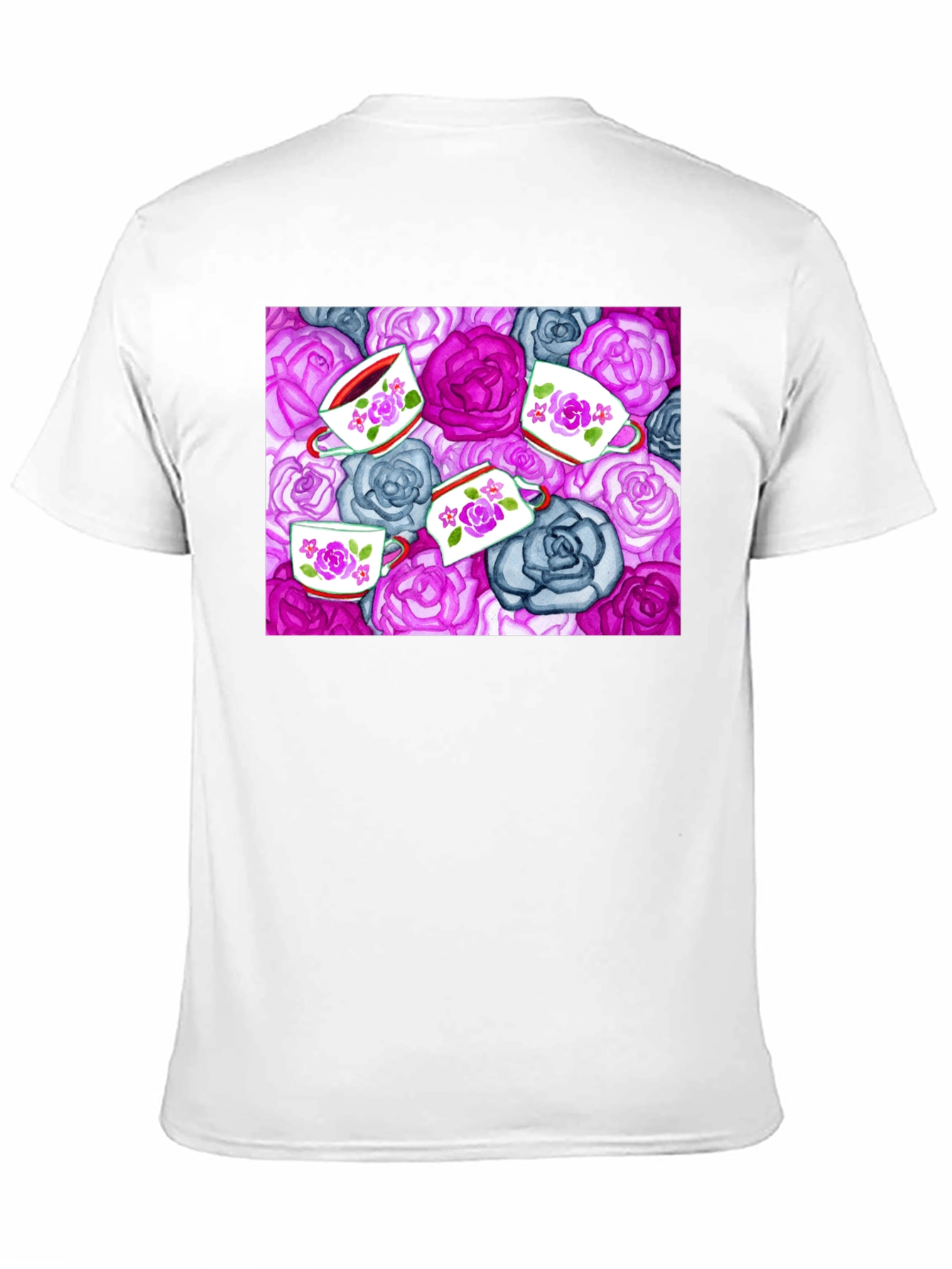 Floral Tea Cup Patterned Black T-shirt