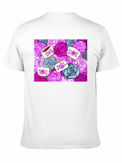 Floral Tea Cup Patterned Black T-shirt