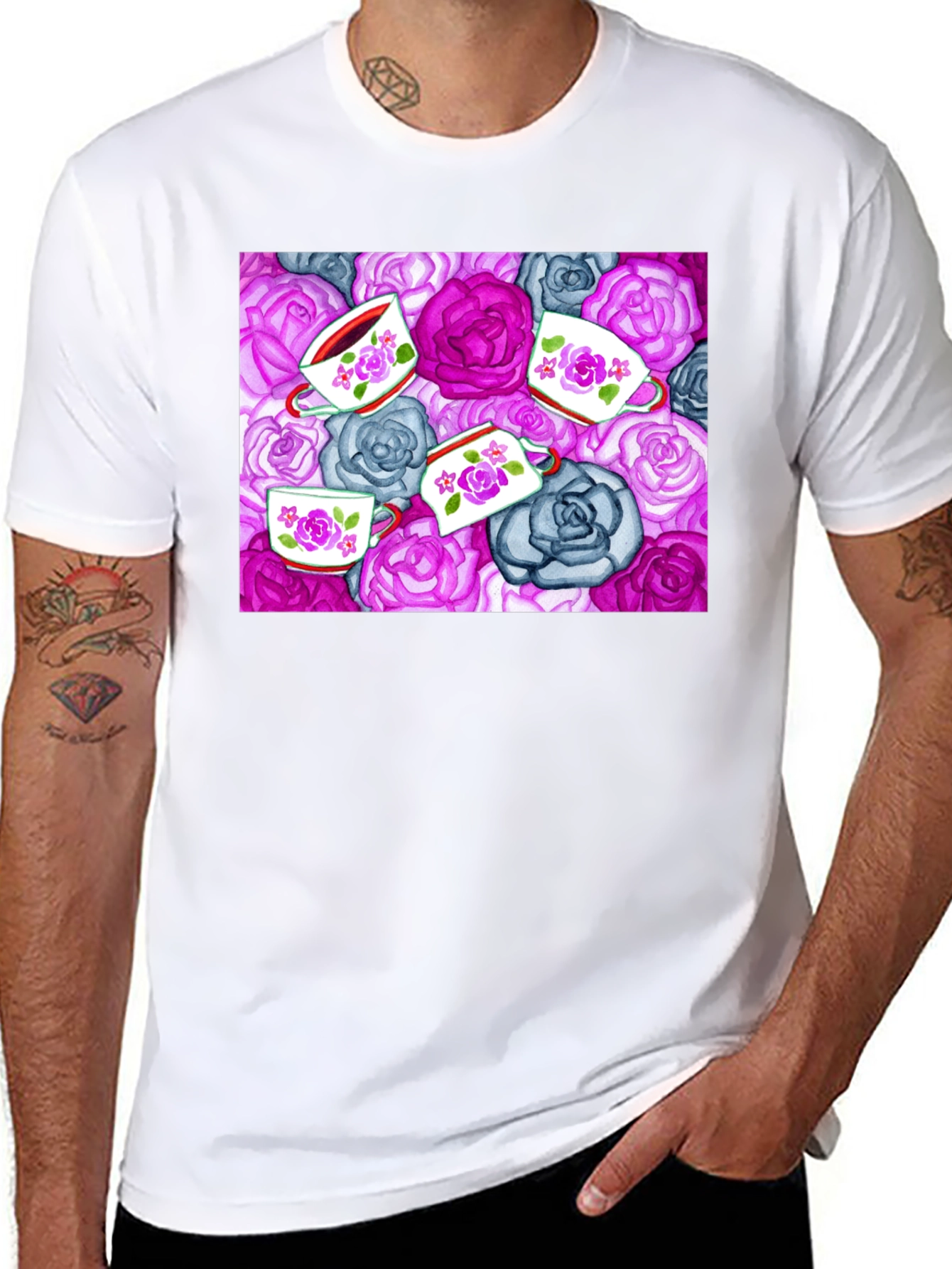 Floral Tea Cup Patterned Black T-shirt