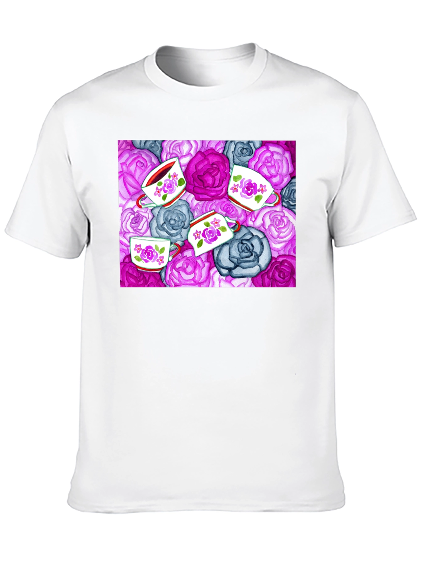 Floral Tea Cup Patterned Black T-shirt