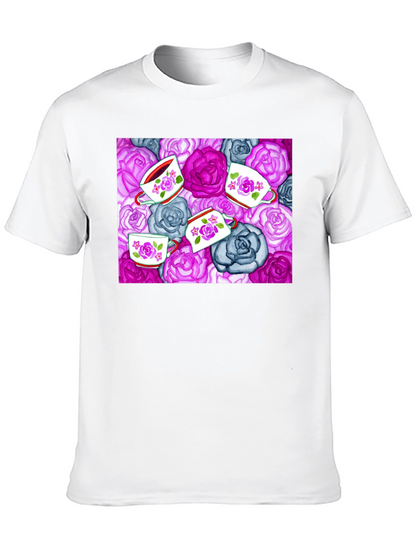 Floral Tea Cup Patterned Black T-shirt