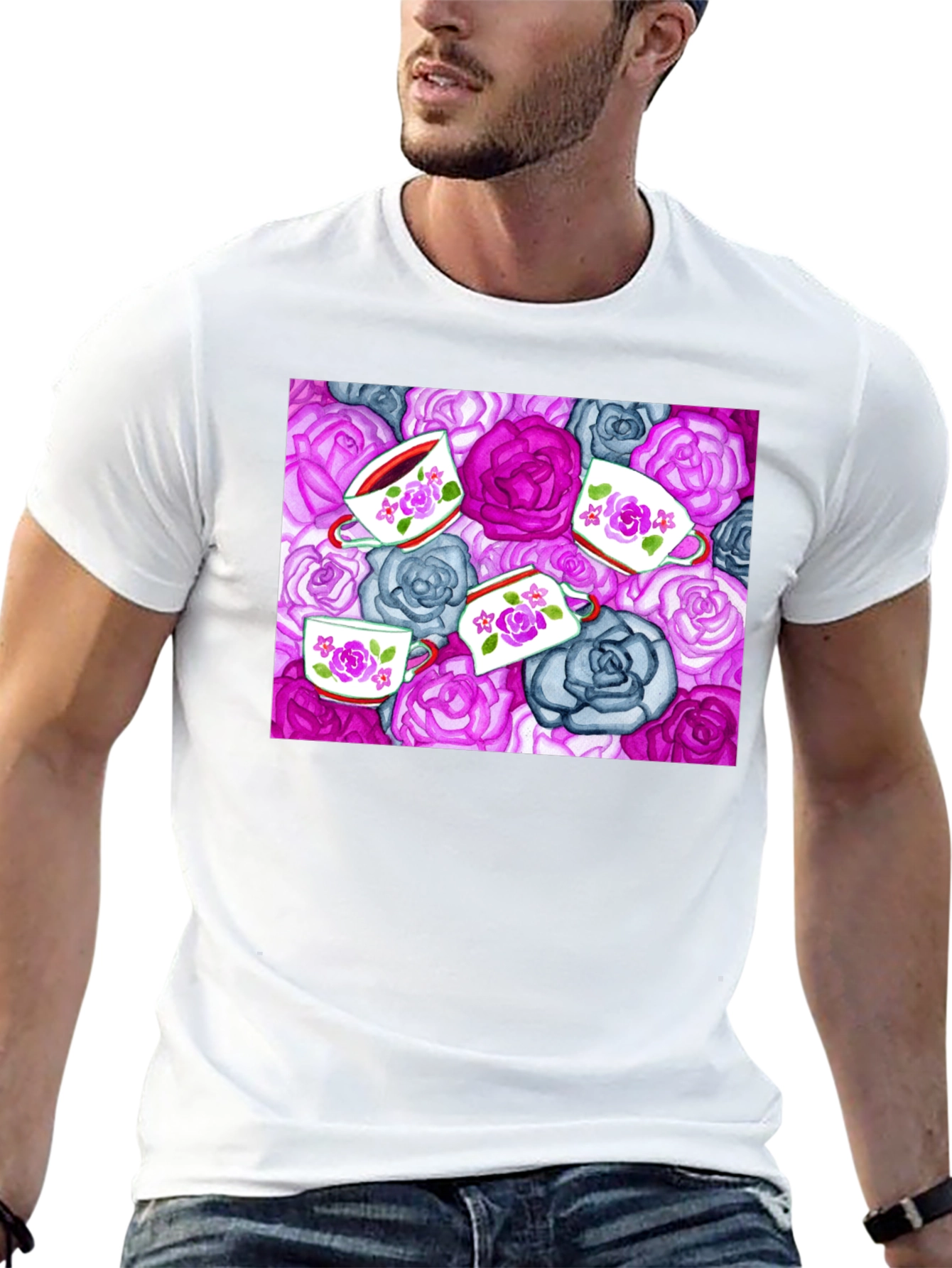 Floral Tea Cup Patterned Black T-shirt