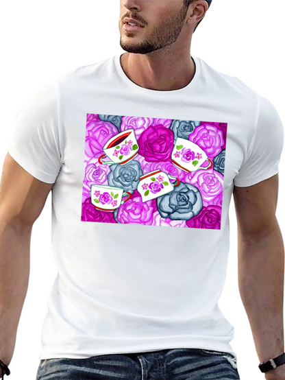 Floral Tea Cup Patterned Black T-shirt