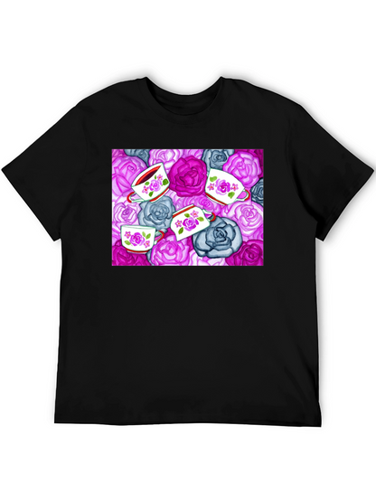 Floral Tea Cup Patterned Black T-shirt