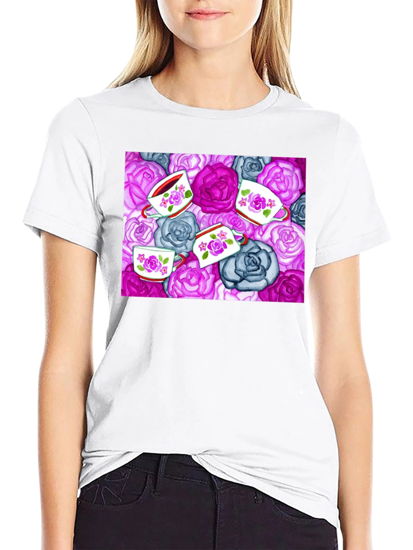Floral Tea Cup Patterned Black T-shirt