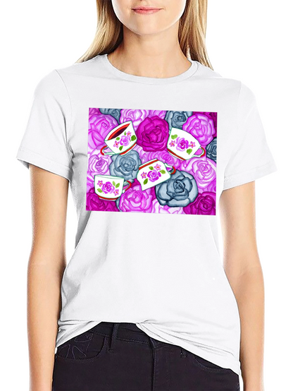 Floral Tea Cup Patterned Black T-shirt
