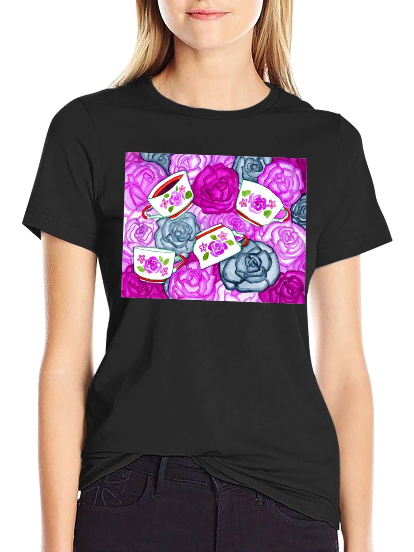 Floral Tea Cup Patterned Black T-shirt